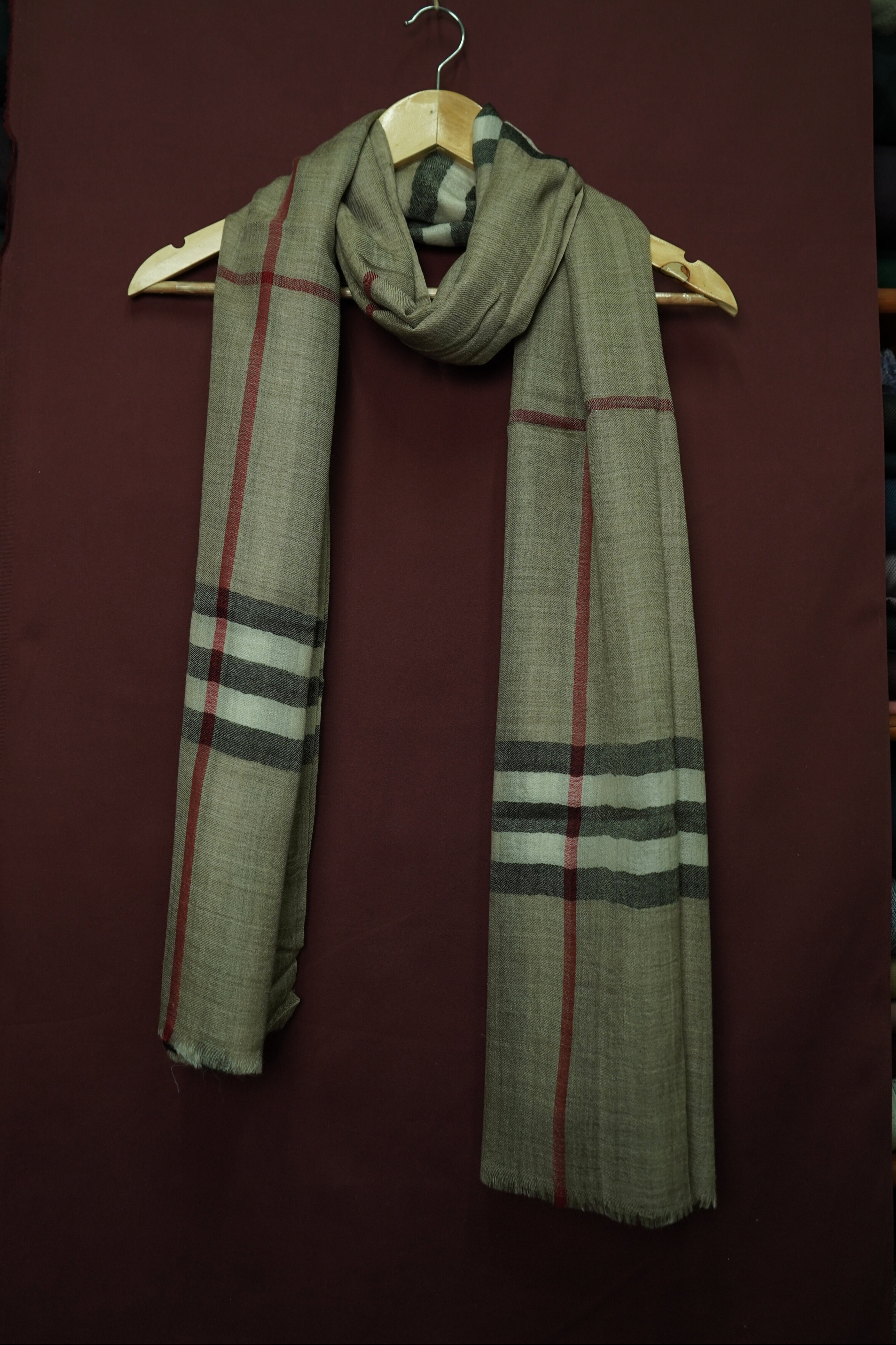 Pure Pashmina Dark Beige Shawl Classic Striped Border