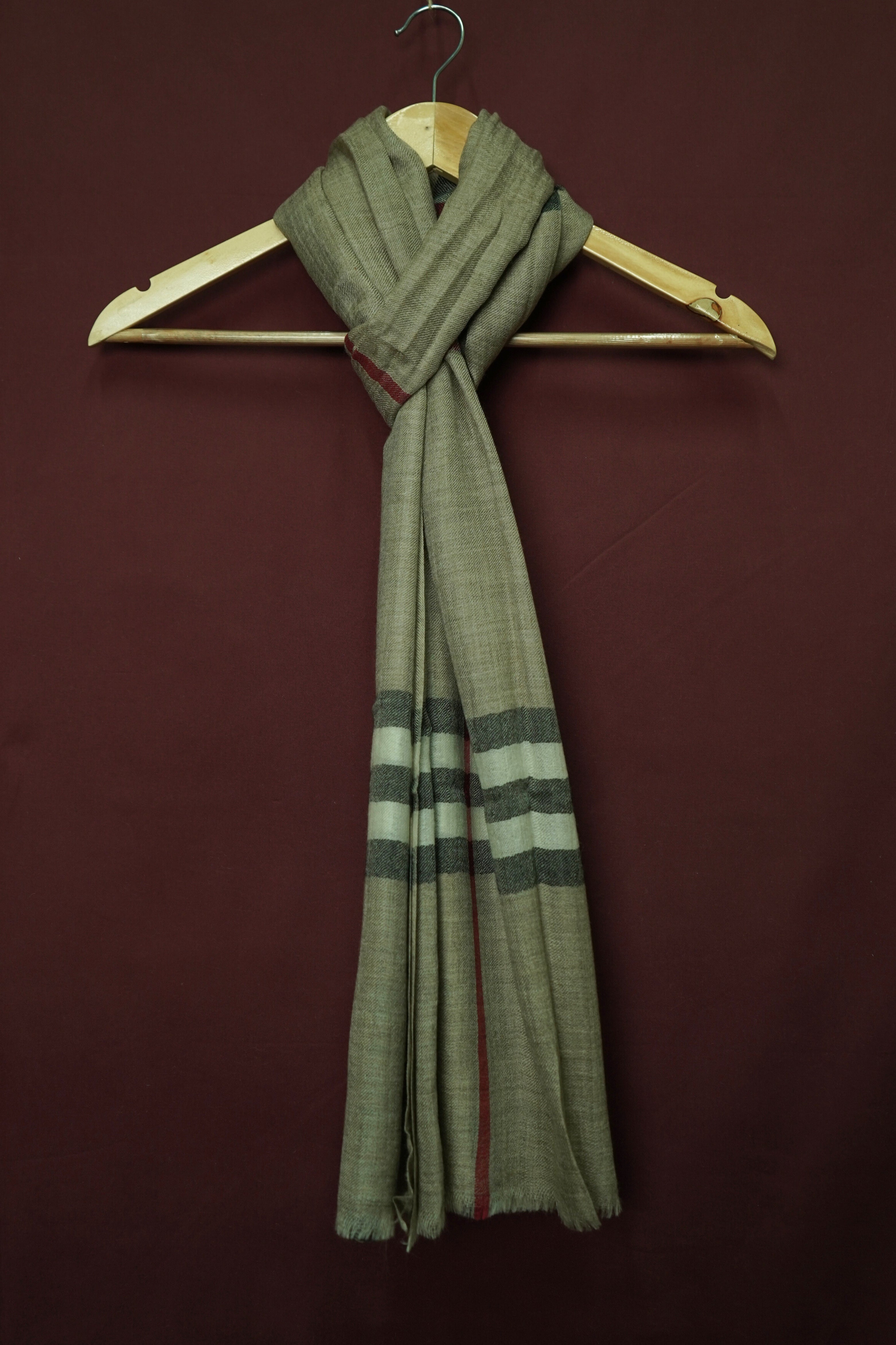Pure Pashmina Dark Beige Shawl Classic Striped Border