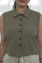 Boxy Fit Crop Shirt - Linen Cotton Blend Top