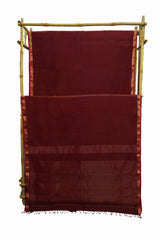 Deep Maroon Maheshwari Silk Cotton Saree with Golden Zari Border