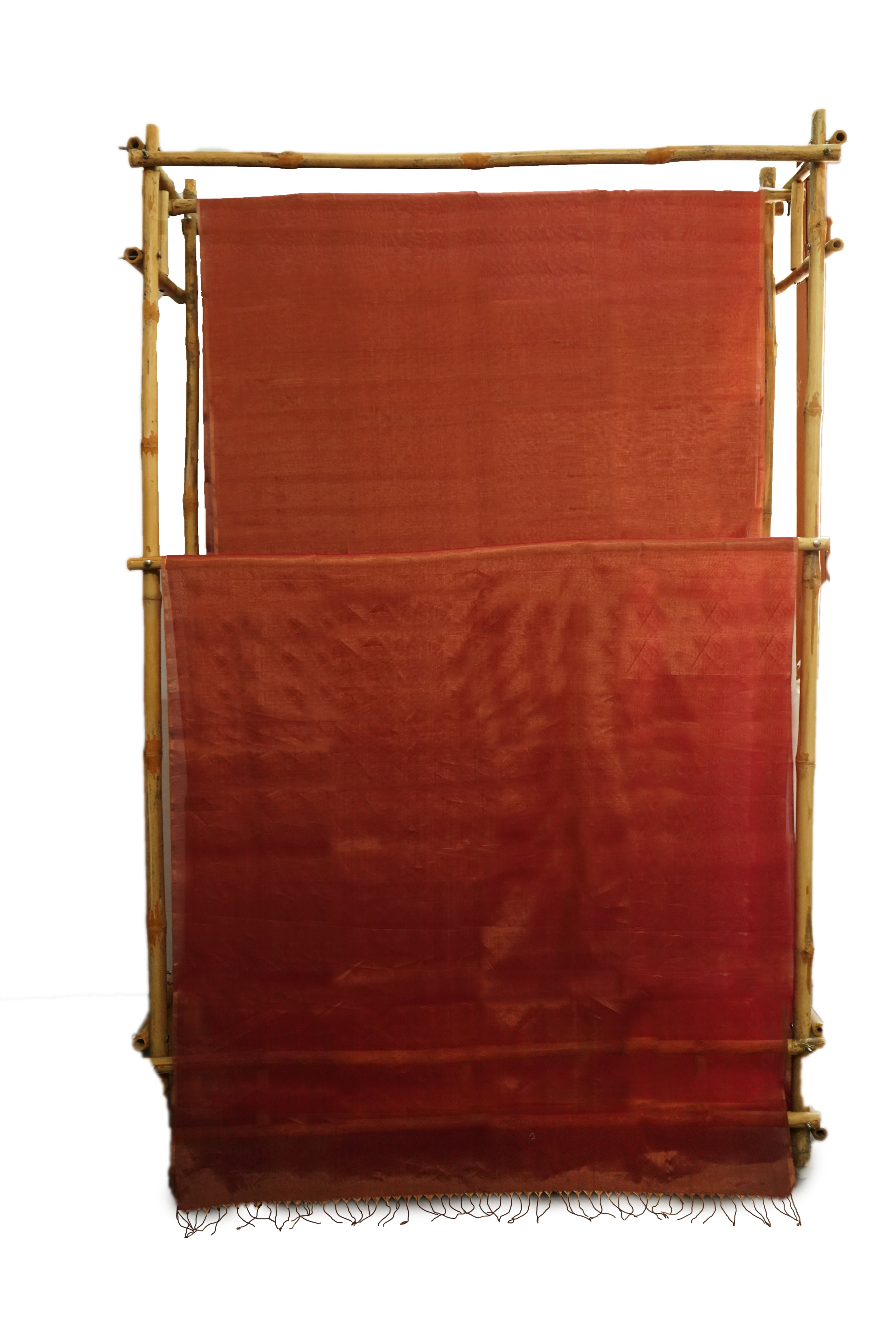 Rust Copper Maheshwari Silk Cotton Full Tissue Saree with Metallic Sheen
