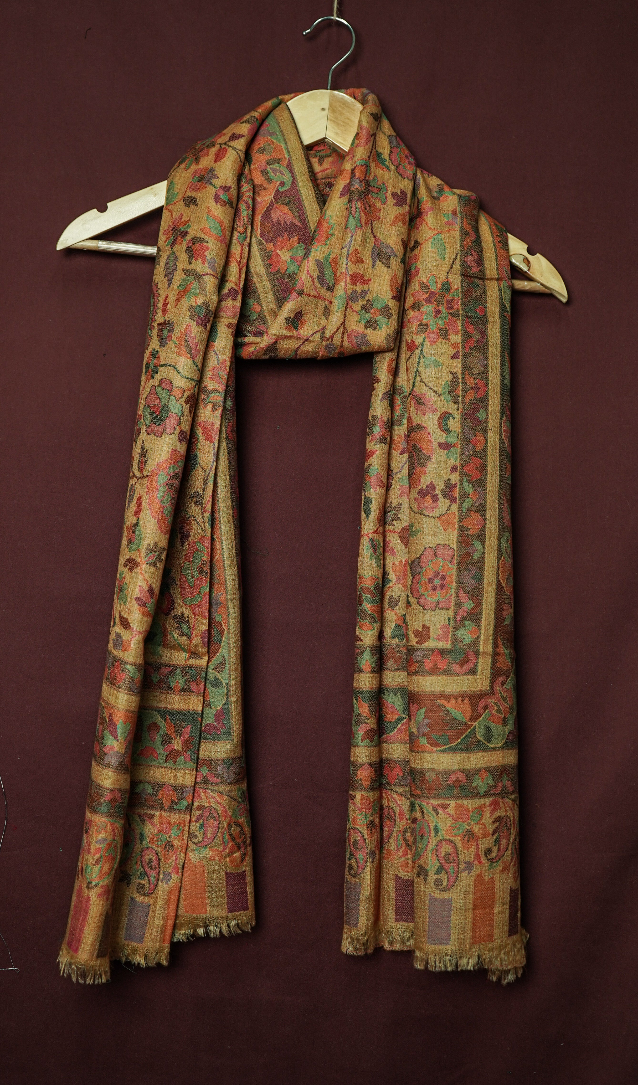 Handwoven Pure Kashmiri Pashmina Kani Work Shawl – Golden Yellow with Multicolour