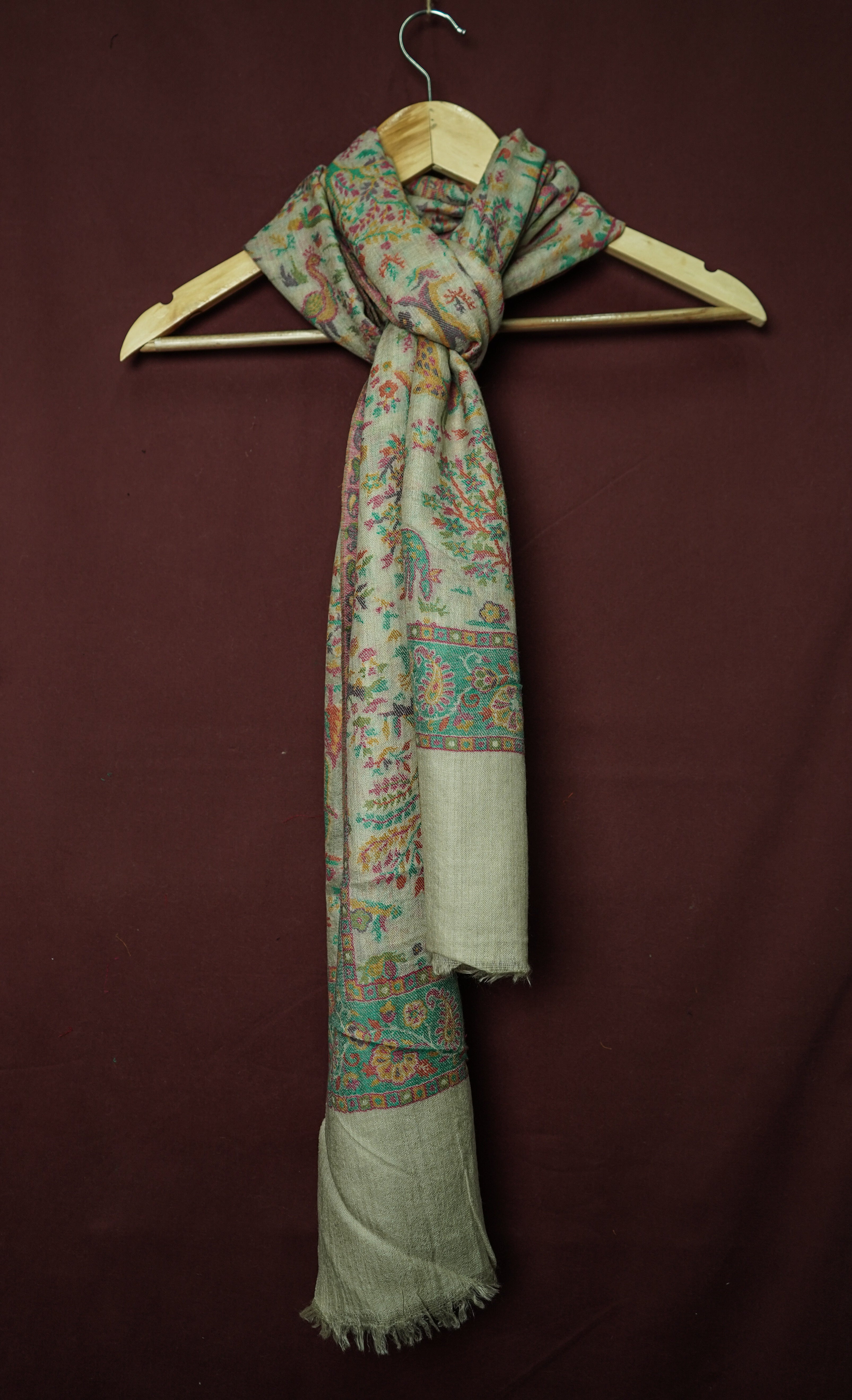 Handwoven Pure Kashmiri Pashmina Kani Work Shawl – Grey with Green Border