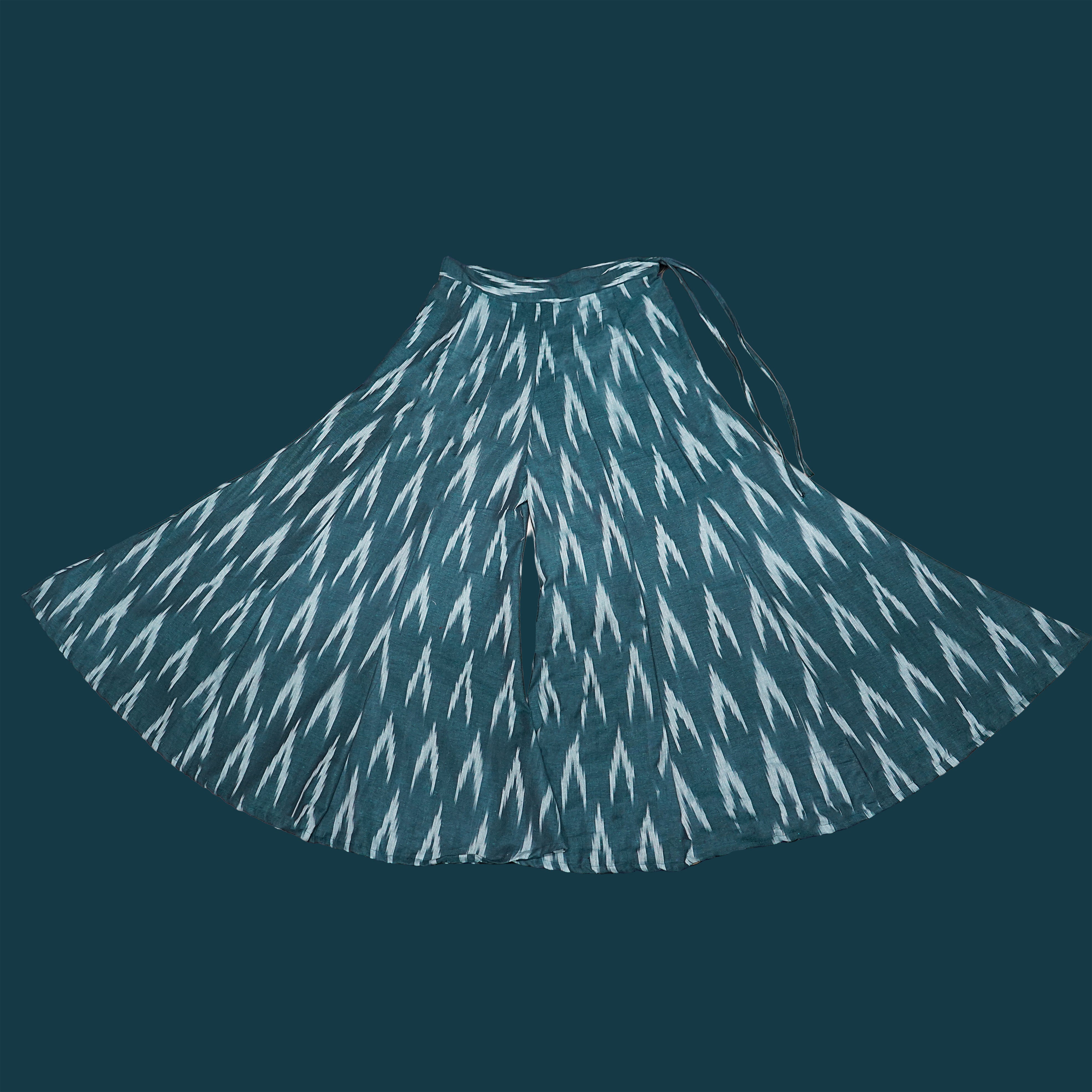 Women’s Pure Cotton Ikat Teal Flared Trousers