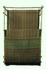 Vintage Olive Green & Rust Chanderi Cotton Silk Ajrak Hand Block Print Saree with Blouse Piece