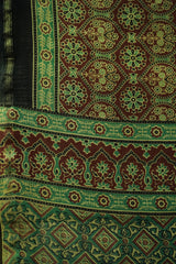 Vintage Olive Green & Rust Chanderi Cotton Silk Ajrak Hand Block Print Saree with Blouse Piece