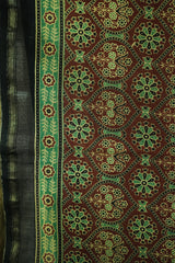 Vintage Olive Green & Rust Chanderi Cotton Silk Ajrak Hand Block Print Saree with Blouse Piece