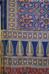 Regal Indigo Blue & Rust Chanderi Cotton Silk Saree Heritage Ajrak Print Design Saree with Blouse Piece