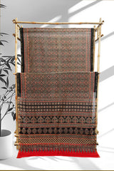 Bold Black & Crimson Red Chanderi Cotton Silk Traditional Ajrak Print Design Saree with Blouse Piece