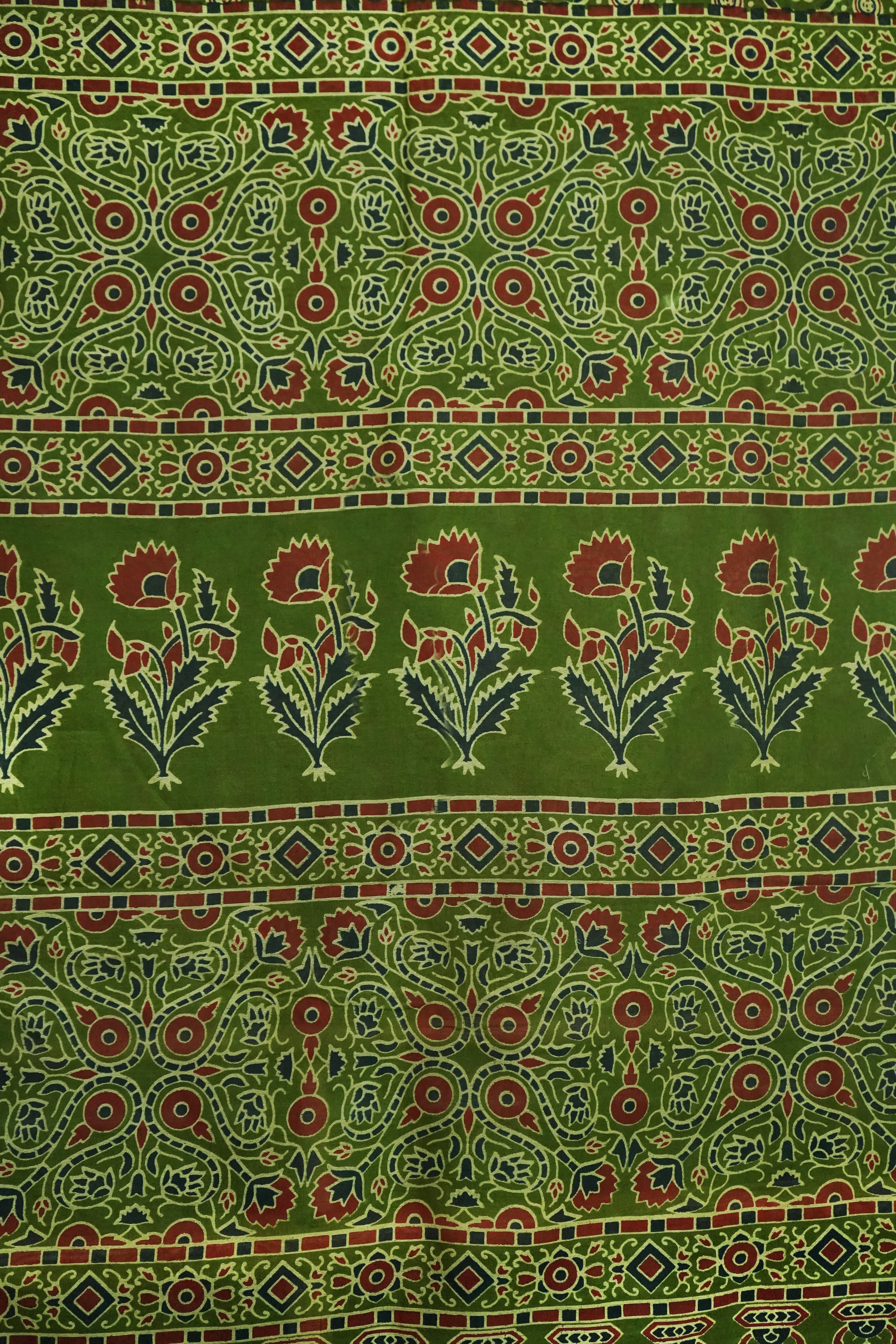 Dark Green Cotton Silk Chanderi Saree with Ajrak Print |With Blouse Piece