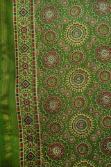 Dark Green Cotton Silk Chanderi Saree with Ajrak Print |With Blouse Piece