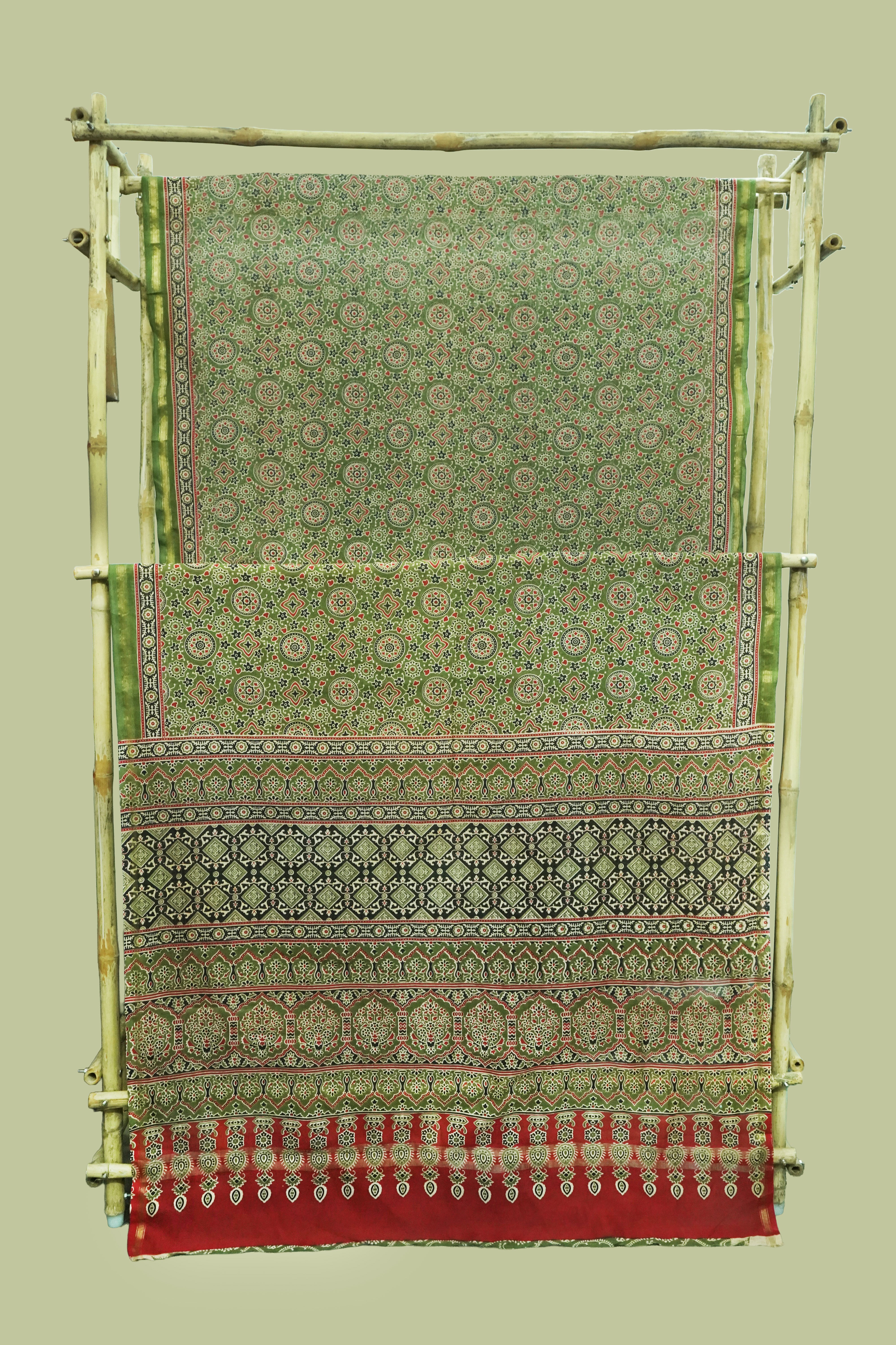 Rust Red & Olive Green Cotton Silk Chanderi Saree with Ajrak Print