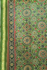 Rust Red & Olive Green Cotton Silk Chanderi Saree with Ajrak Print