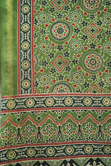 Rust Red & Olive Green Cotton Silk Chanderi Saree with Ajrak Print
