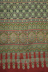 Rust Red & Olive Green Cotton Silk Chanderi Saree with Ajrak Print