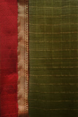 Elegant Dark Olive Green Maheshwari Cotton Silk Check Border Saree