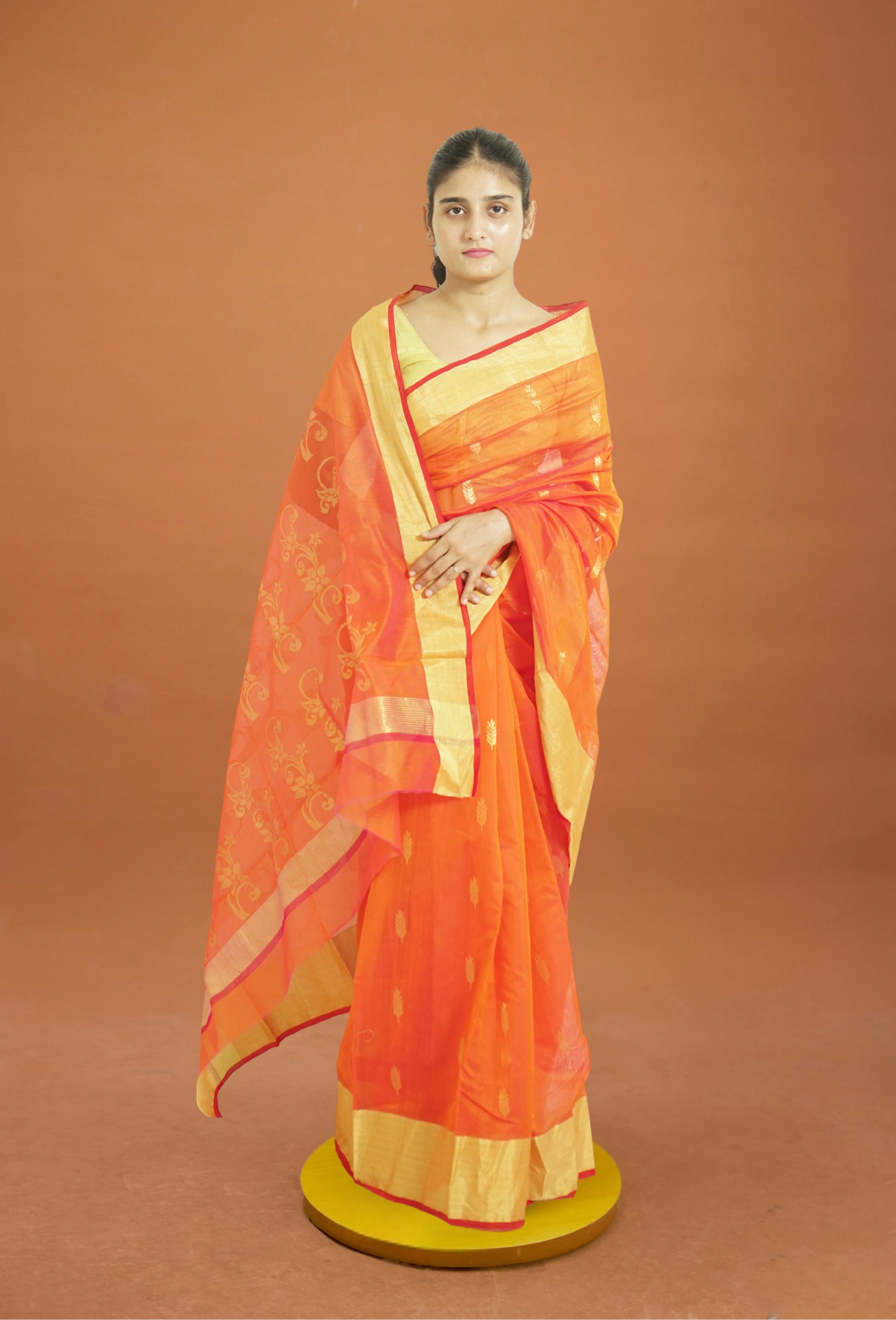 ChanderiSilk Cotton Saree- Orange | Elegant Festive Wear