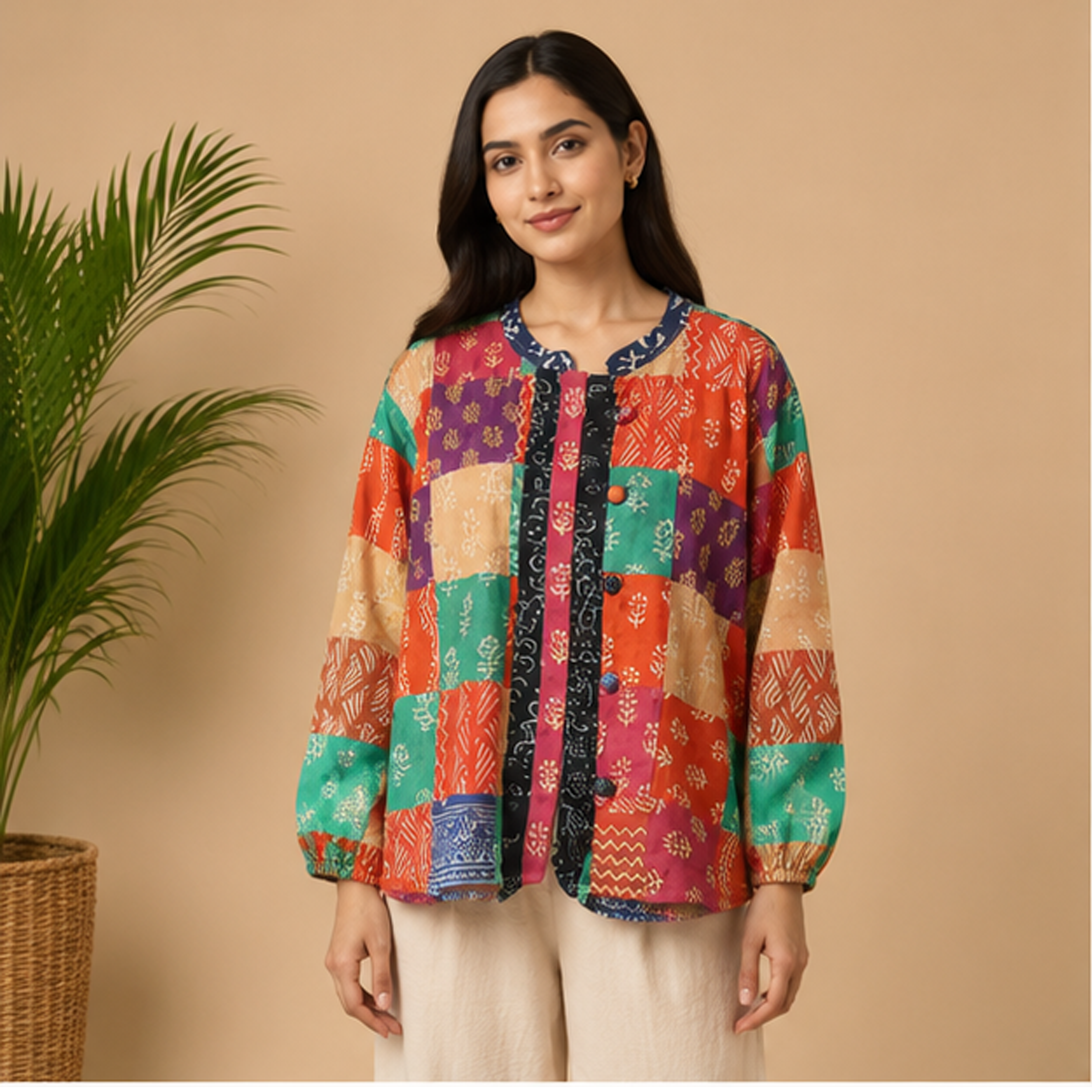Women's Chanderi Printed Patchwork Jacket