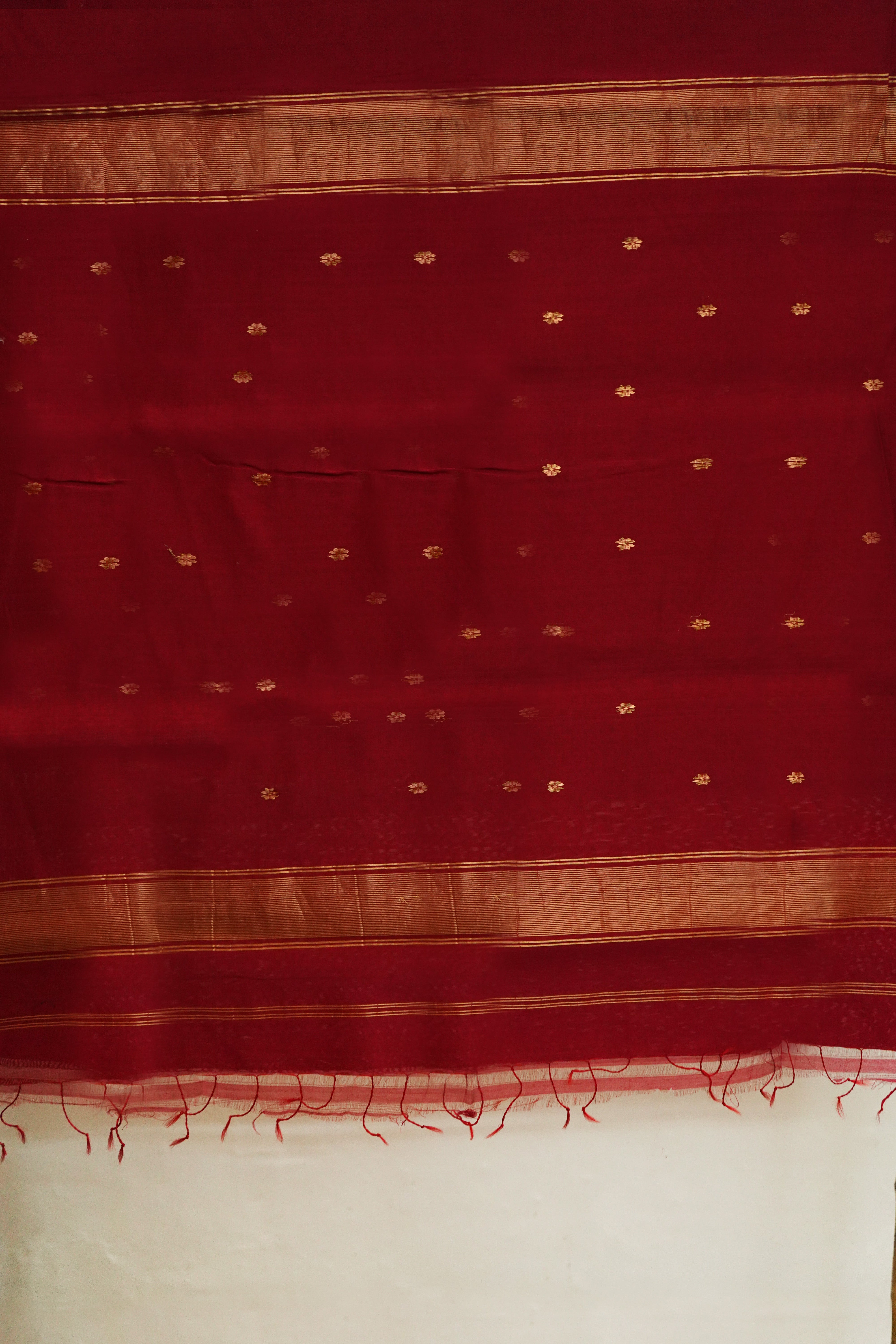 Ruby Red Maheshwari Saree with Zari Border & Golden Booti