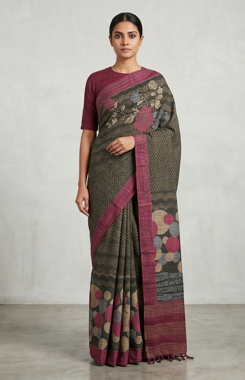 Pure Kosa Silk Saree with Hand Kantha Work