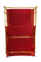 Ruby Red Maheshwari Saree with Zari Border & Golden Booti