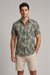 Men's Tropical Tiger Print Cotton Blend Half Sleeve Shirt