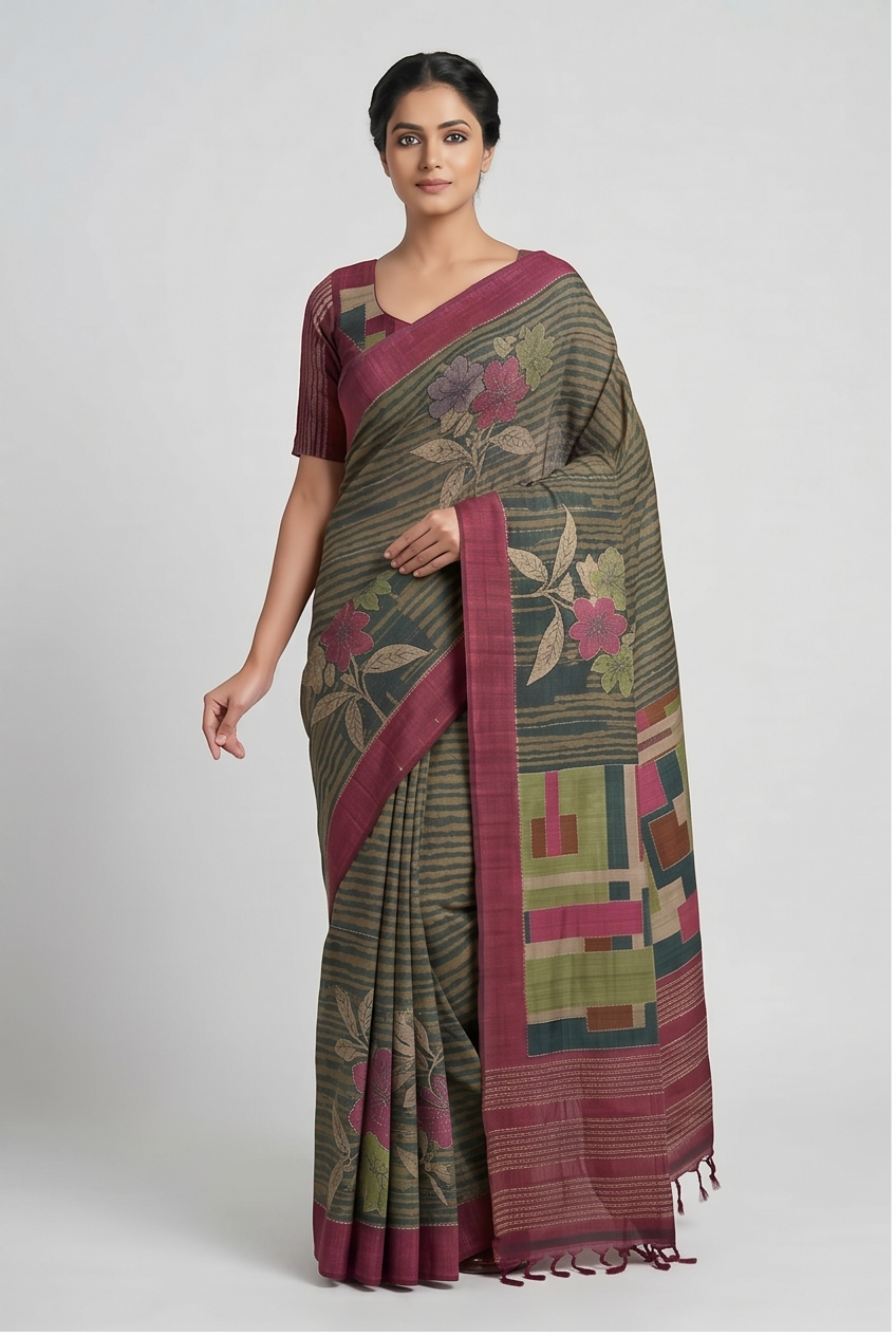 Pure Kosa Silk Saree with Hand Kantha Work