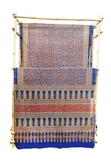 Regal Indigo Blue & Rust Chanderi Cotton Silk Saree Heritage Ajrak Print Design Saree with Blouse Piece