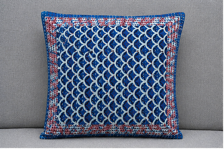 Blue Geometric Hand Block Print Cushion Cover