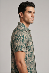 Men's Tropical Tiger Print Cotton Blend Half Sleeve Shirt
